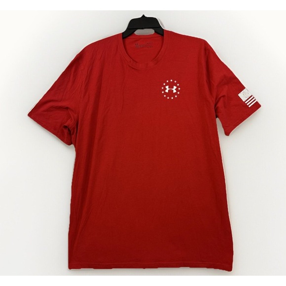 Under Armour Shirt Men's Large Red UA Logo FREEDOM USA Flag Heatgear Loose‎ Fit - Picture 1 of 12
